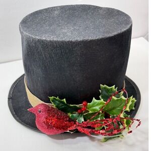 Christmas Vintage Top Hat Steampunk Decorative Black Felt Burlap Holly Red Bird